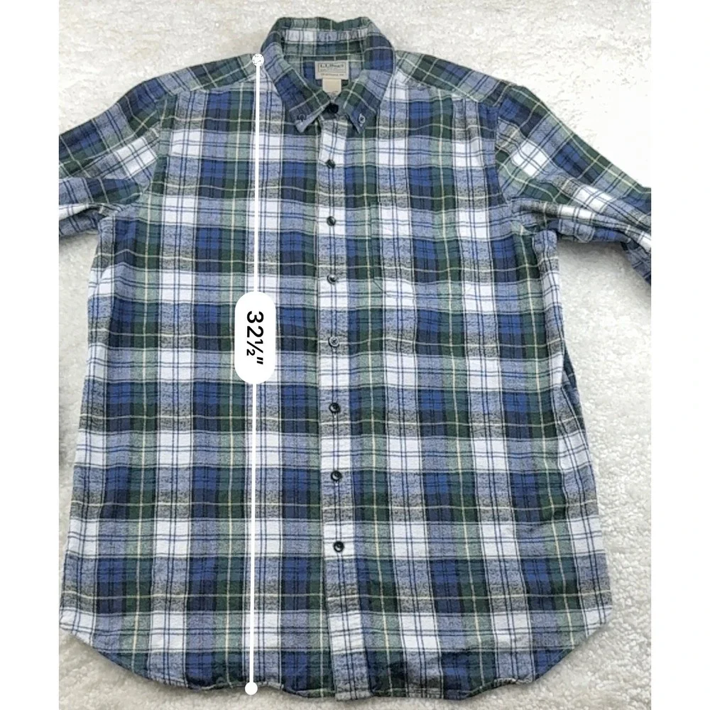 L.L. Bean Flannel Shirt Men L-Tall Blue Green Plaid Traditional Fit 228066